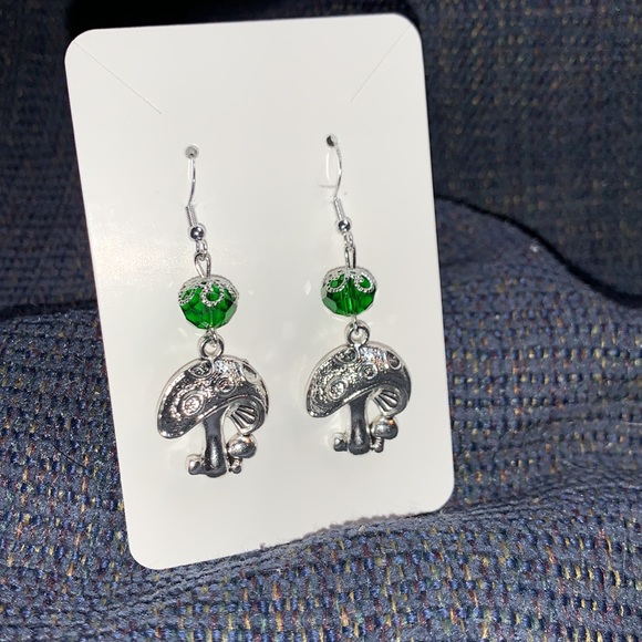 Hand Crafted 💚 Mushroom Charm and Green Bead Dangling Fishhook Earrings - Picture 5 of 11